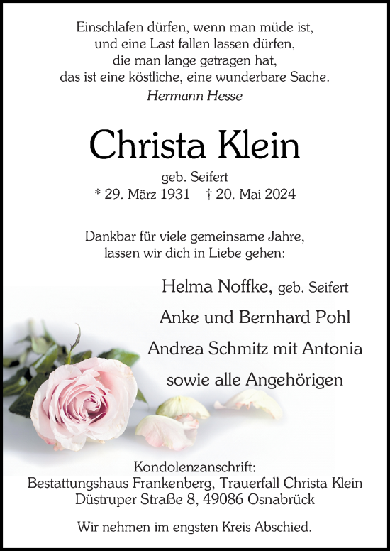 Traueranzeige von Christa Klein von Neue Osnabrücker Zeitung GmbH & Co. KG