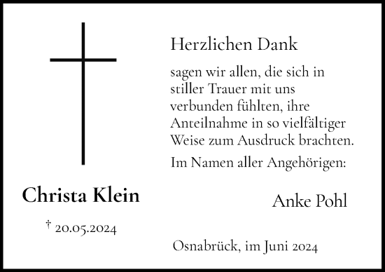 Traueranzeige von Christa Klein von Neue Osnabrücker Zeitung GmbH & Co. KG