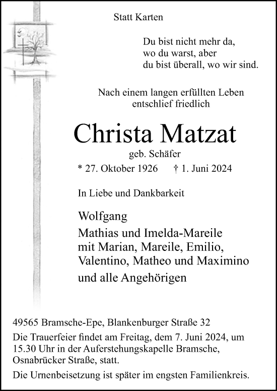 Traueranzeige von Christa Matzat von Neue Osnabrücker Zeitung GmbH & Co. KG
