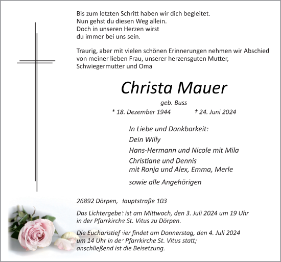 Traueranzeige von Christa Mauer von Neue Osnabrücker Zeitung GmbH & Co. KG