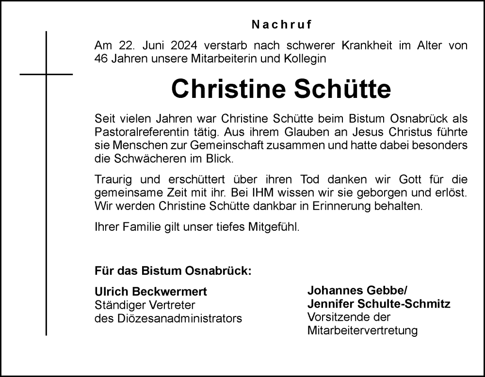  Traueranzeige für Christine Schütte vom 27.06.2024 aus Neue Osnabrücker Zeitung GmbH & Co. KG