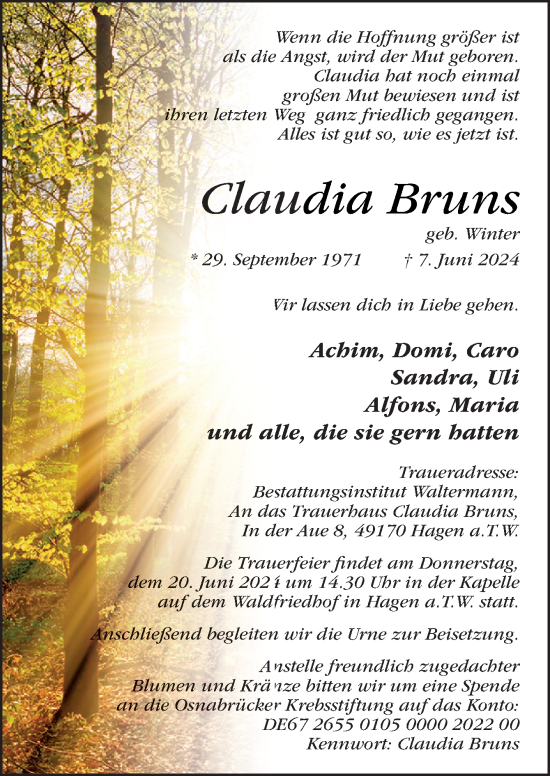 Traueranzeige von Claudia Bruns von Neue Osnabrücker Zeitung GmbH & Co. KG