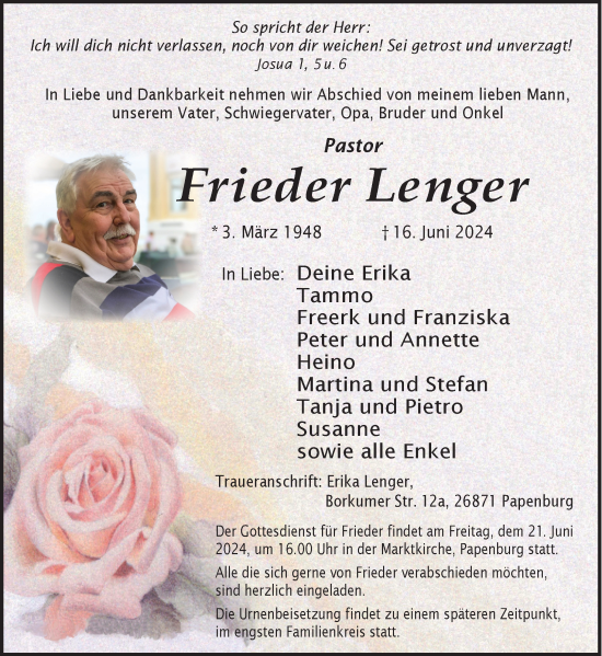 Traueranzeige von Frieder Lenger von Neue Osnabrücker Zeitung GmbH & Co. KG