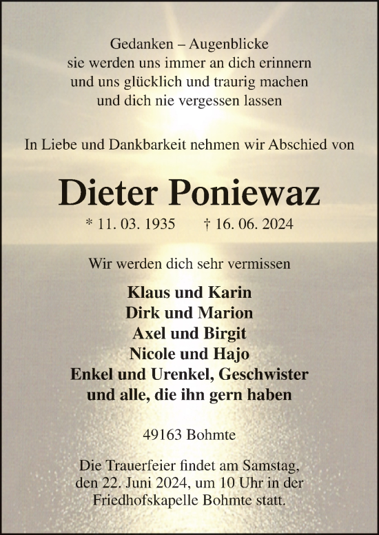 Traueranzeige von Dieter Poniewaz von Neue Osnabrücker Zeitung GmbH & Co. KG