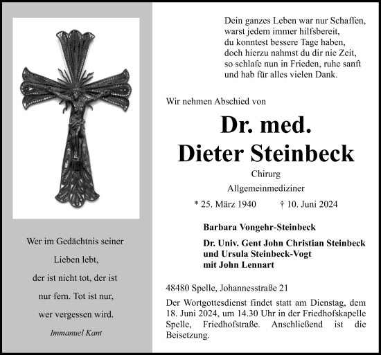 Traueranzeige von Dieter Steinbeck von Neue Osnabrücker Zeitung GmbH & Co. KG