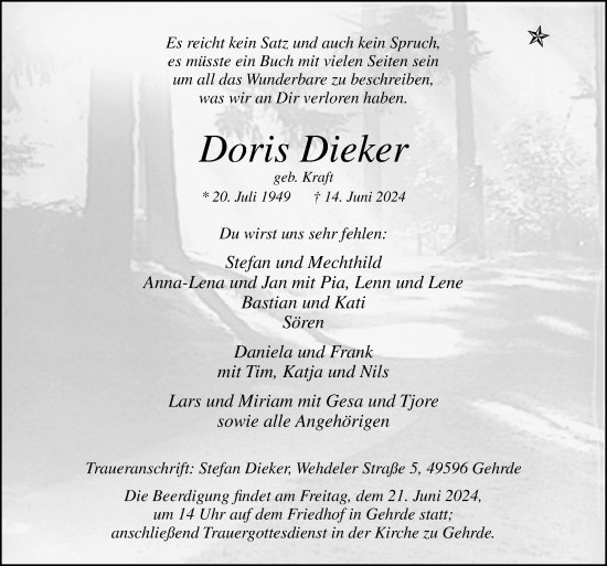 Traueranzeige von Doris Dieker von Neue Osnabrücker Zeitung GmbH & Co. KG