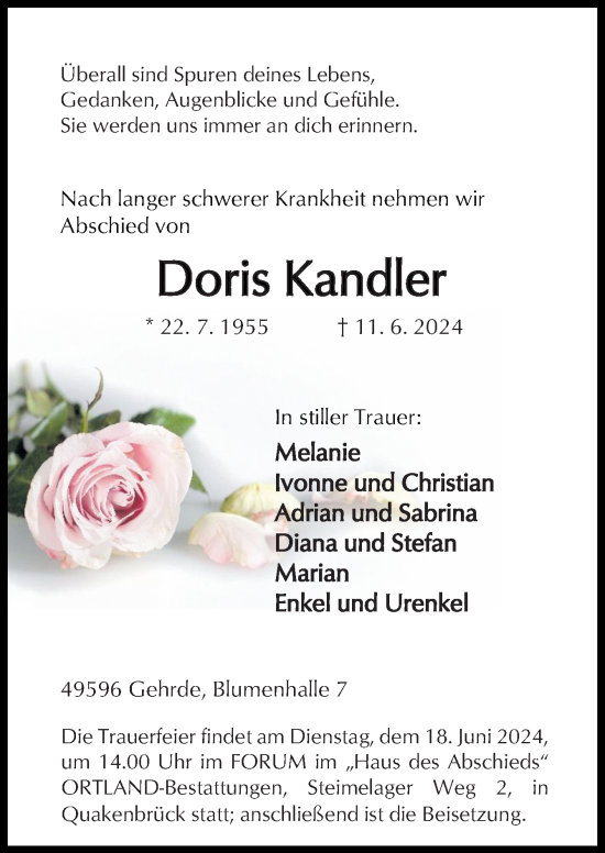 Traueranzeige von Doris Kandler von Neue Osnabrücker Zeitung GmbH & Co. KG