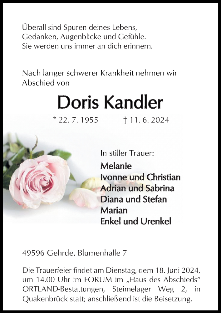  Traueranzeige für Doris Kandler vom 15.06.2024 aus Neue Osnabrücker Zeitung GmbH & Co. KG