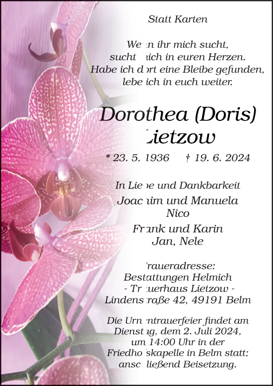 Traueranzeige von Dorothea Lietzow von Neue Osnabrücker Zeitung GmbH & Co. KG