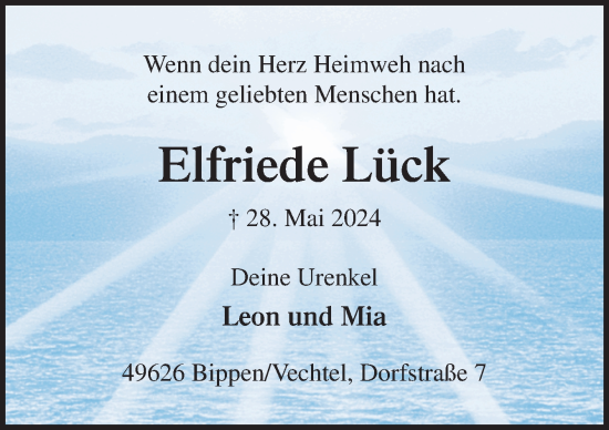 Traueranzeige von Elfriede Lück von Neue Osnabrücker Zeitung GmbH & Co. KG