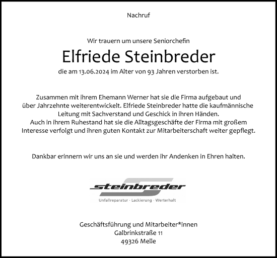 Traueranzeige von Elfriede Steinbreder von Neue Osnabrücker Zeitung GmbH & Co. KG