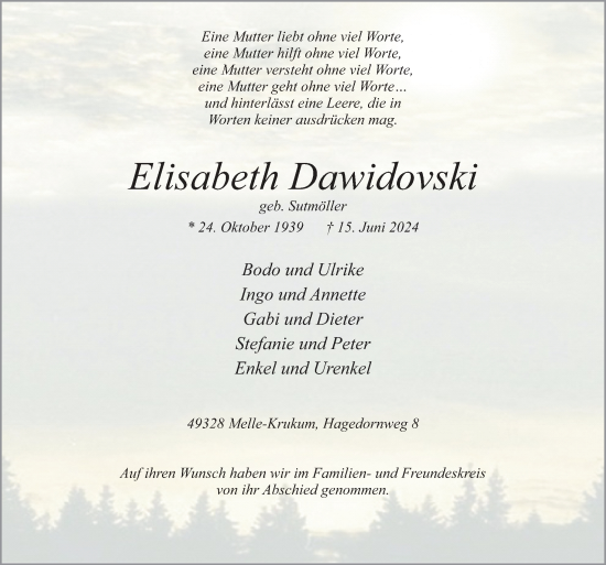 Traueranzeige von Elisabeth Dawidovski von Neue Osnabrücker Zeitung GmbH & Co. KG