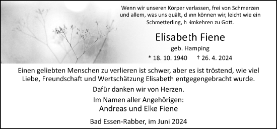 Traueranzeige von Elisabeth Fiene von Neue Osnabrücker Zeitung GmbH & Co. KG