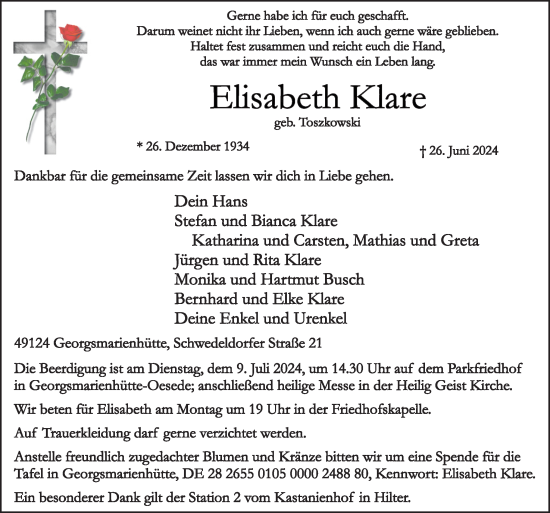 Traueranzeige von Elisabeth Klare von Neue Osnabrücker Zeitung GmbH & Co. KG