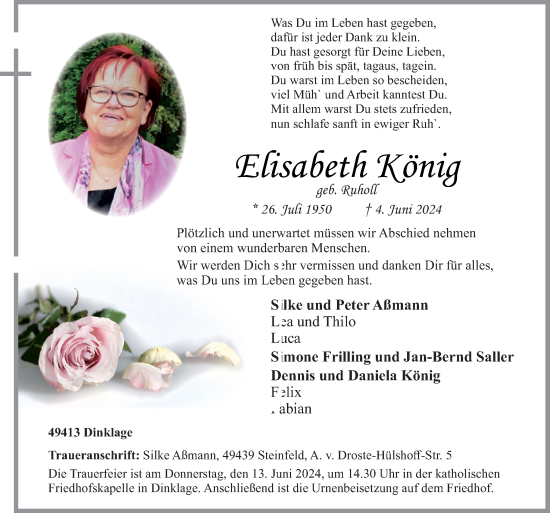 Traueranzeige von Elisabeth König von Neue Osnabrücker Zeitung GmbH & Co. KG