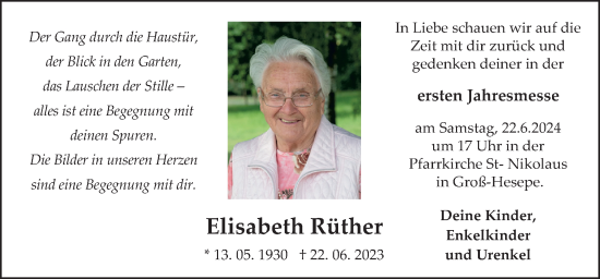 Traueranzeige von Elisabeth Rüther von Neue Osnabrücker Zeitung GmbH & Co. KG