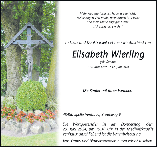 Traueranzeige von Elisabeth Wierling von Neue Osnabrücker Zeitung GmbH & Co. KG