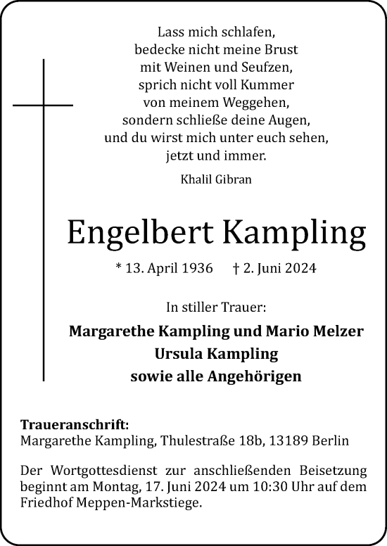 Traueranzeige von Engelbert Kampling von Neue Osnabrücker Zeitung GmbH & Co. KG