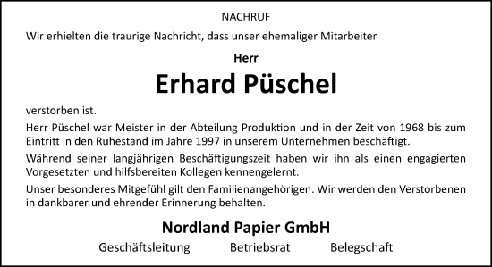 Traueranzeige von Erhard Püschel von Neue Osnabrücker Zeitung GmbH & Co. KG