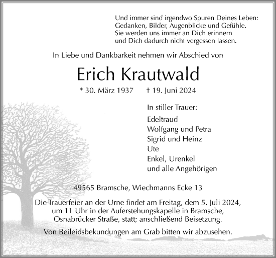 Traueranzeige von Erich Krautwald von Neue Osnabrücker Zeitung GmbH & Co. KG