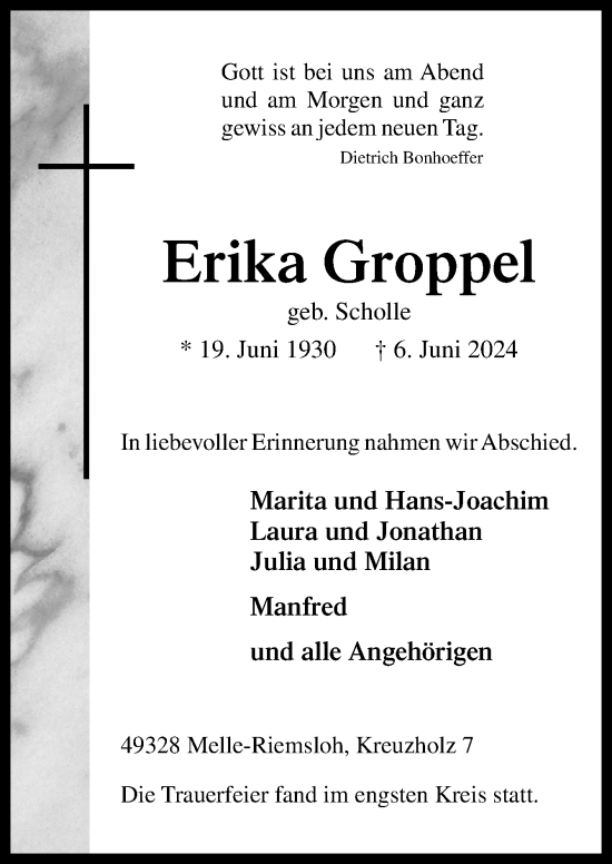 Traueranzeige von Erika Groppel von Neue Osnabrücker Zeitung GmbH & Co. KG