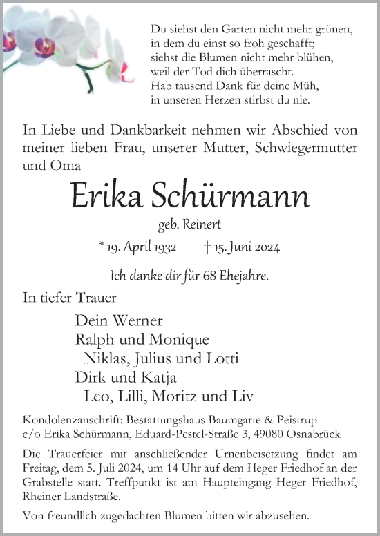 Traueranzeige von Erika Schürmann von Neue Osnabrücker Zeitung GmbH & Co. KG