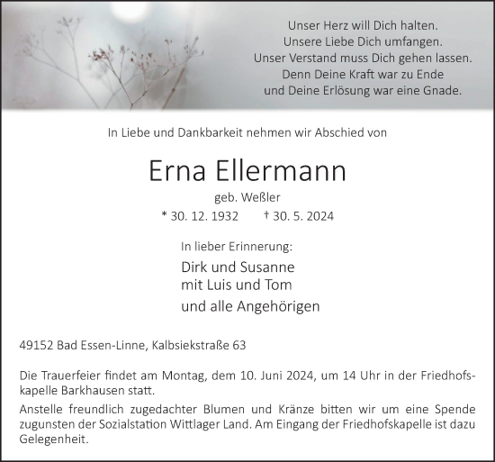 Traueranzeige von Erna Ellermann von Neue Osnabrücker Zeitung GmbH & Co. KG