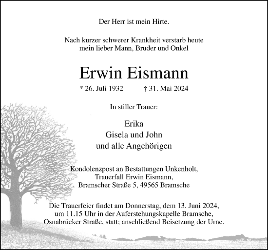Traueranzeige von Erwin Eismann von Neue Osnabrücker Zeitung GmbH & Co. KG
