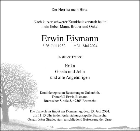 Traueranzeige von Erwin Eismann von Neue Osnabrücker Zeitung GmbH & Co. KG