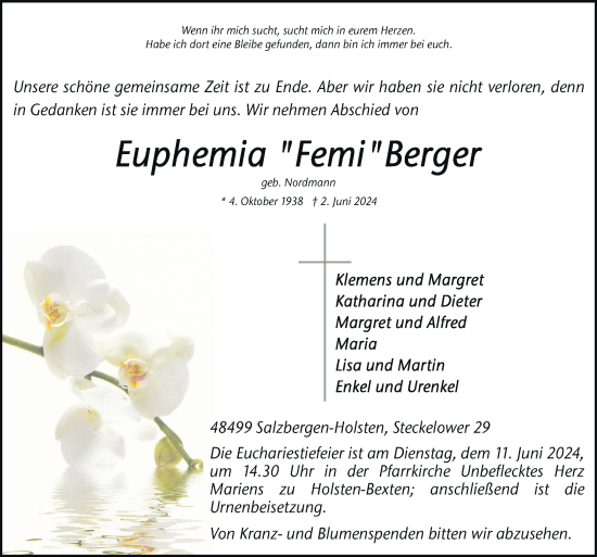 Traueranzeige von Euphemia Berger von Neue Osnabrücker Zeitung GmbH & Co. KG