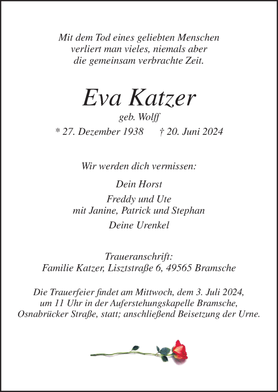 Traueranzeige von Eva Katzer von Neue Osnabrücker Zeitung GmbH & Co. KG