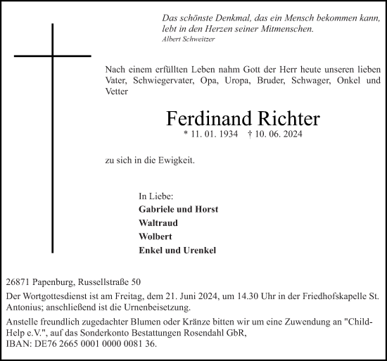 Traueranzeige von Ferdinand Richter von Neue Osnabrücker Zeitung GmbH & Co. KG