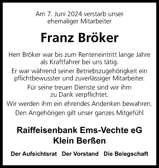 Traueranzeige von Franz Bröker von Neue Osnabrücker Zeitung GmbH & Co. KG