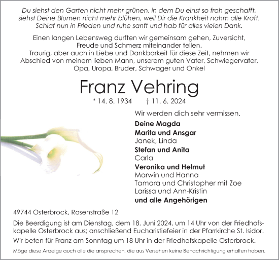 Traueranzeige von Franz Vehring von Neue Osnabrücker Zeitung GmbH & Co. KG