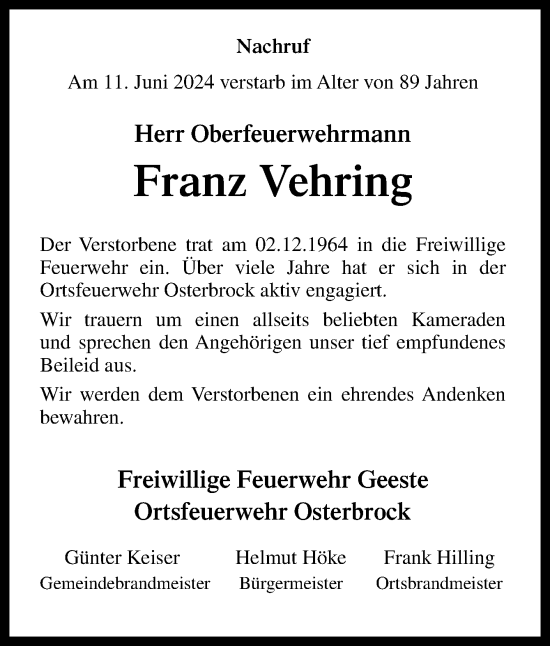 Traueranzeige von Franz Vehring von Neue Osnabrücker Zeitung GmbH & Co. KG