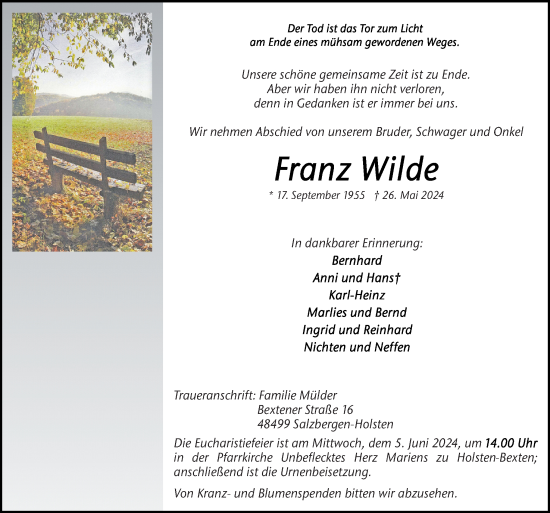 Traueranzeige von Franz Wilde von Neue Osnabrücker Zeitung GmbH & Co. KG