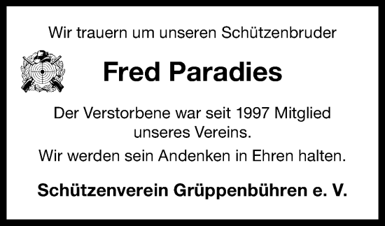 Traueranzeige von Fred Paradies von DK Medien GmbH & Co. KG