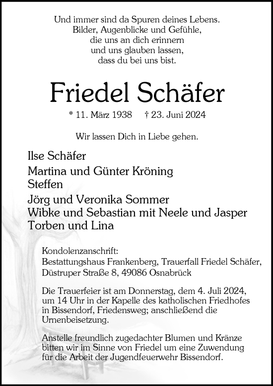 Traueranzeige von Friedel Schäfer von Neue Osnabrücker Zeitung GmbH & Co. KG