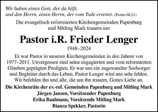 Traueranzeige von Frieder Lenger von Neue Osnabrücker Zeitung GmbH & Co. KG