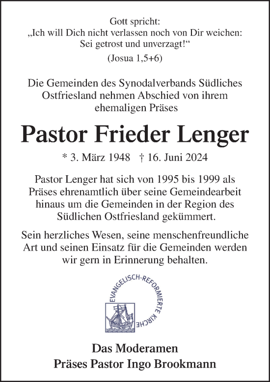 Traueranzeige von Frieder Lenger von Neue Osnabrücker Zeitung GmbH & Co. KG