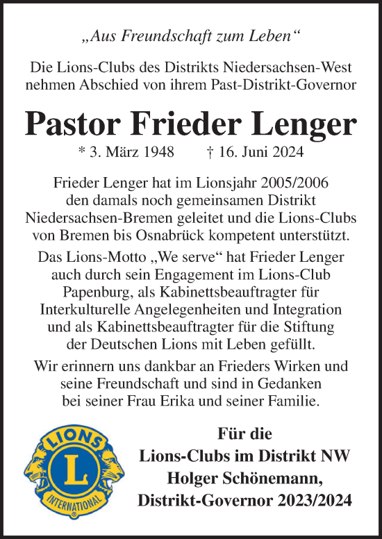 Traueranzeige von Frieder Lenger von Neue Osnabrücker Zeitung GmbH & Co. KG