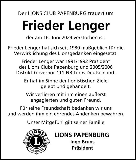 Traueranzeige von Frieder Lenger von Neue Osnabrücker Zeitung GmbH & Co. KG