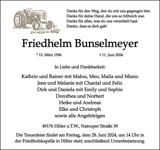 Traueranzeige von Friedhelm Bunselmeyer von Neue Osnabrücker Zeitung GmbH & Co. KG