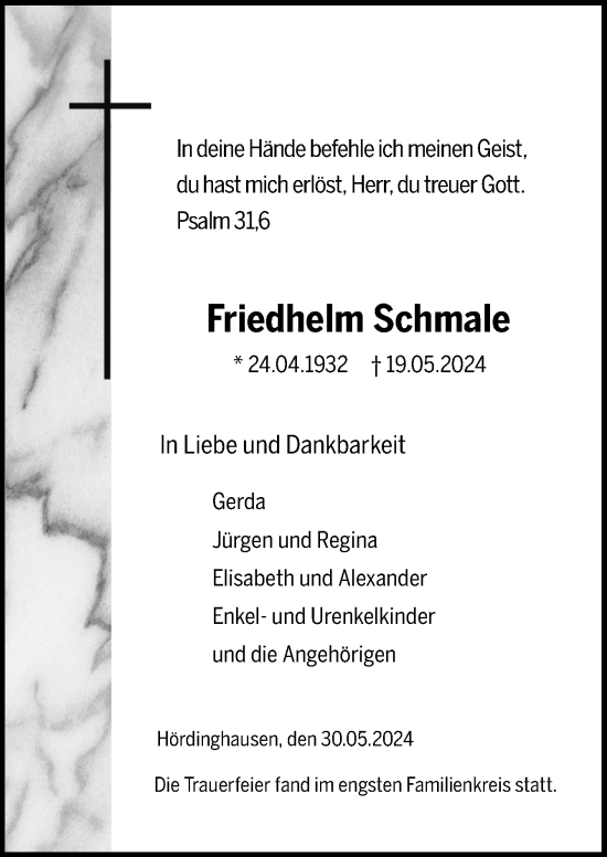 Traueranzeige von Friedhelm Schmale von Neue Osnabrücker Zeitung GmbH & Co. KG