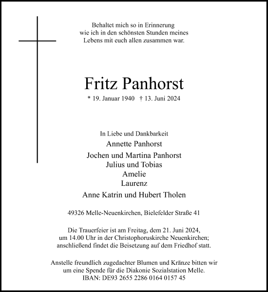 Traueranzeige von Fritz Panhorst von Neue Osnabrücker Zeitung GmbH & Co. KG