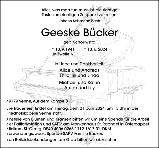 Traueranzeige von Geeske Bücker von Neue Osnabrücker Zeitung GmbH & Co. KG