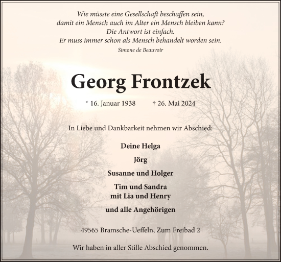 Traueranzeige von Georg Frontzek von Neue Osnabrücker Zeitung GmbH & Co. KG