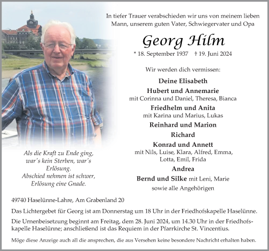 Traueranzeige von Georg Hilm von Neue Osnabrücker Zeitung GmbH & Co. KG