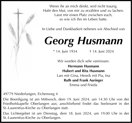 Traueranzeige von Georg Husmann von Neue Osnabrücker Zeitung GmbH & Co. KG