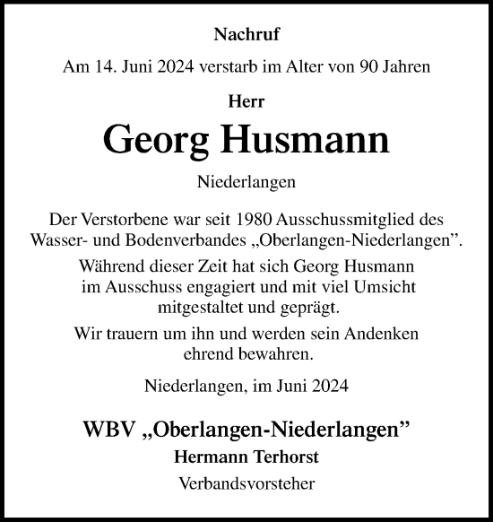Traueranzeige von Georg Husmann von Neue Osnabrücker Zeitung GmbH & Co. KG